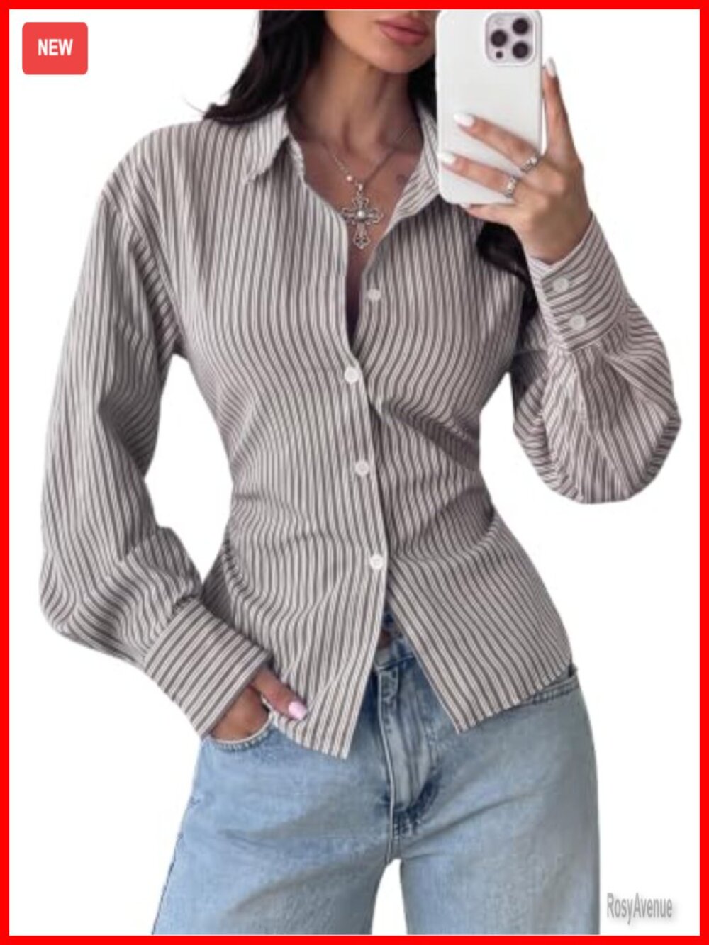 Women's Striped Button Down Shirt Long Sleeve Tie Back Slim Fit Blouse